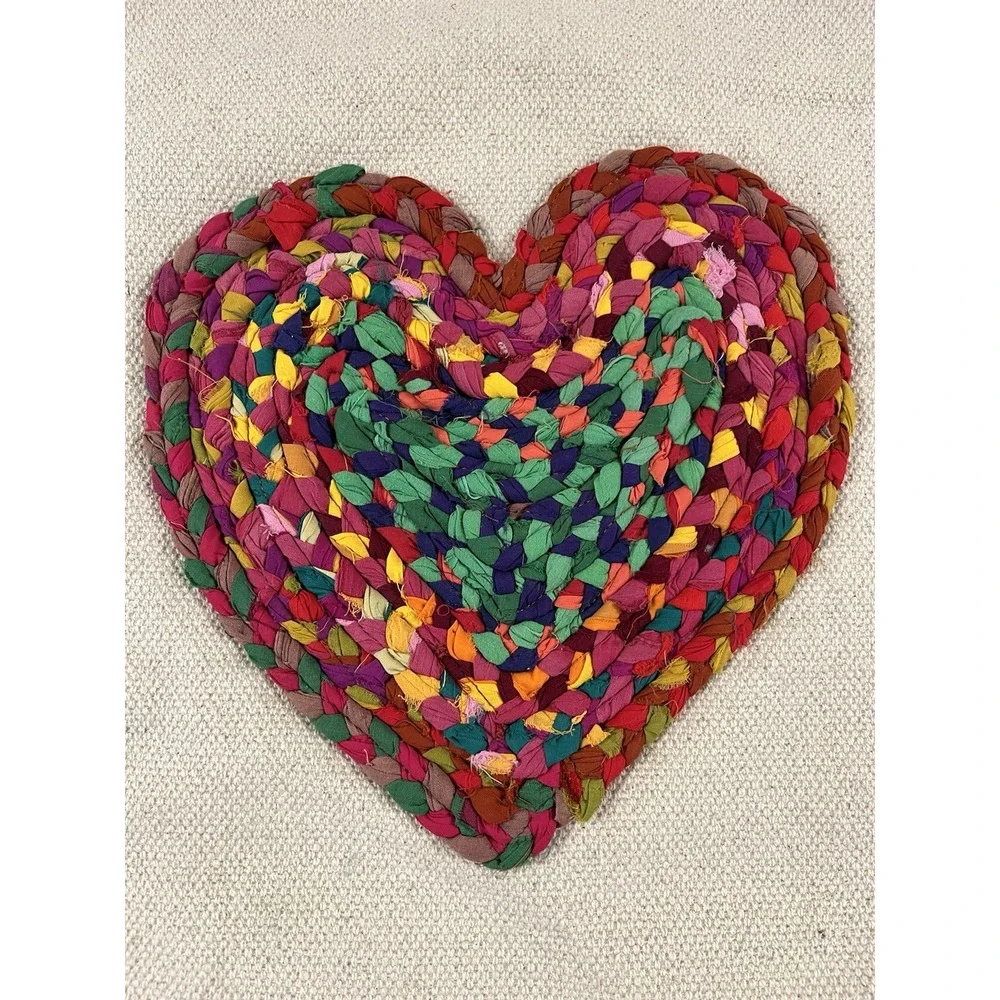 Creative Co-Op Pillow Heart 3D Colorful Sham Ecru Artsy Appliquéd Chindi India‎